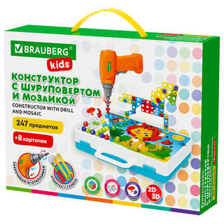 Конструктор с шуруповертом и мозаикой Brauberg Kids, 247 деталей